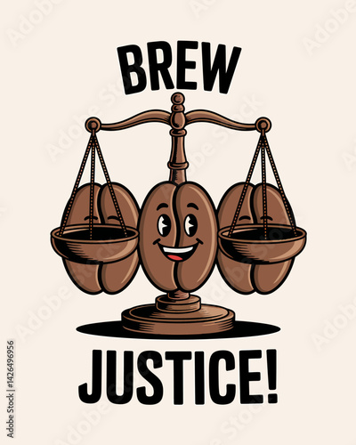 Brew Justice: Balanced Coffee Bean Scales Mascot, Funny Coffee Art