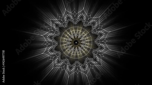 Shiny Mandala Art Circular Motion Abstract Background Black Screen Overlay Animation Glowing Round Ornament Hypnotic Geometric Shape Visual for Meditation and Design