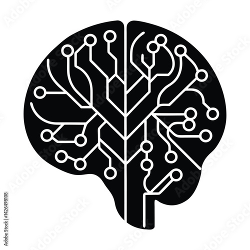Silhouette of AI brain with eco patterns on white background