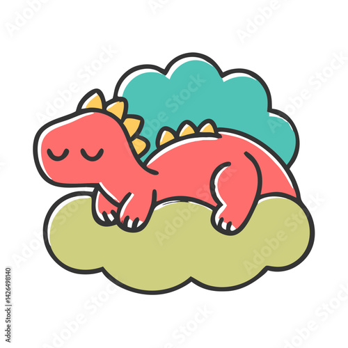 Adorable cartoon dinosaur peacefully sleeping on fluffy clouds, illustrated in soft pastel colors with a playful and dreamy vibe.
