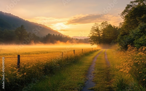 Misty sunrise over a field, path leading into a valley