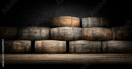 Obraz na płótnie Vintage Wooden Barrels Stacked on a Wooden Surface w salonie