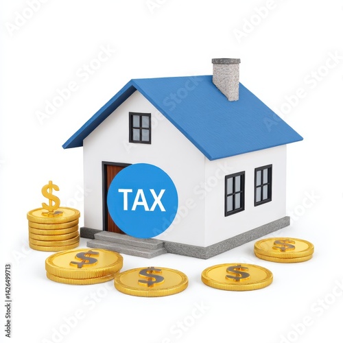 House with blue roof and coins representing property levy obligations due