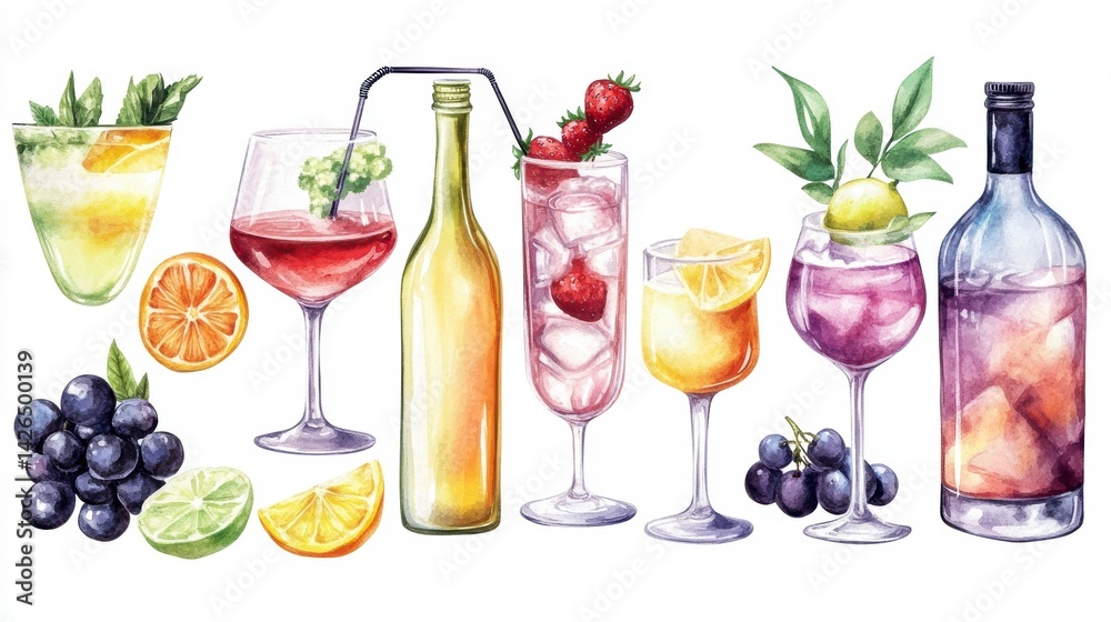 Fototapeta premium Watercolor illustration of various alcoholic beverages, including wine, cocktails, and spirits, with fresh fruits and garnishes.