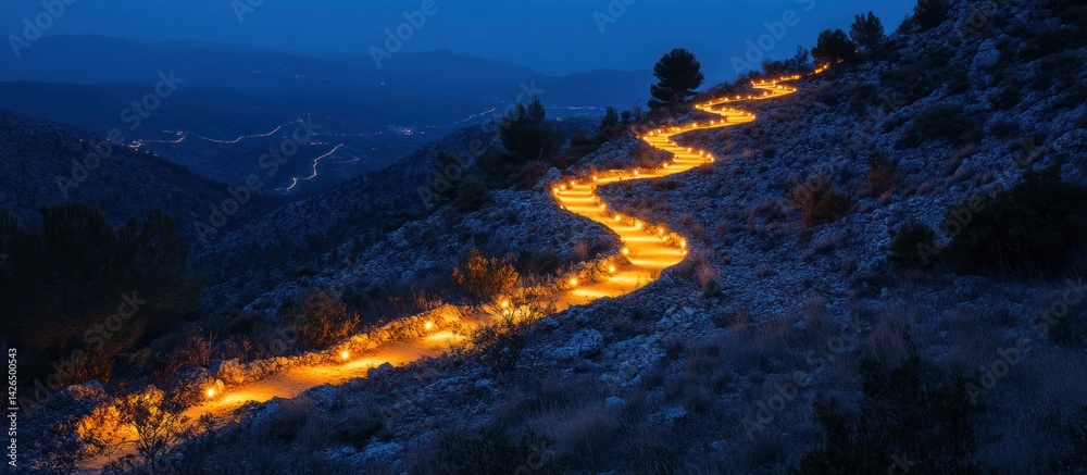 Fototapeta premium Mountain Path Illuminated at Night