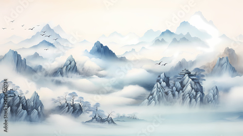 blue and white mountain clouds chinese painting