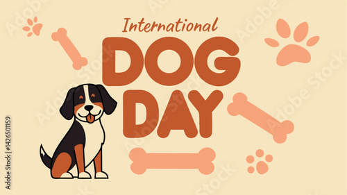 Cartoon Dog Day, Puppy, Bone, and Paw Prints on Beige Background