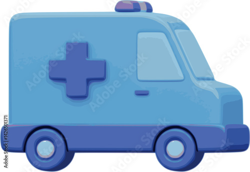 3D ambulance car with blue medical cross isolated. Rendering emergency vehicle for hospital service icon. Healthcare, emergency and urgency services. Vector illustration
