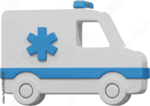 3D ambulance car with blue medical cross isolated. Rendering emergency vehicle for hospital service icon. Healthcare, emergency and urgency services. Vector illustration