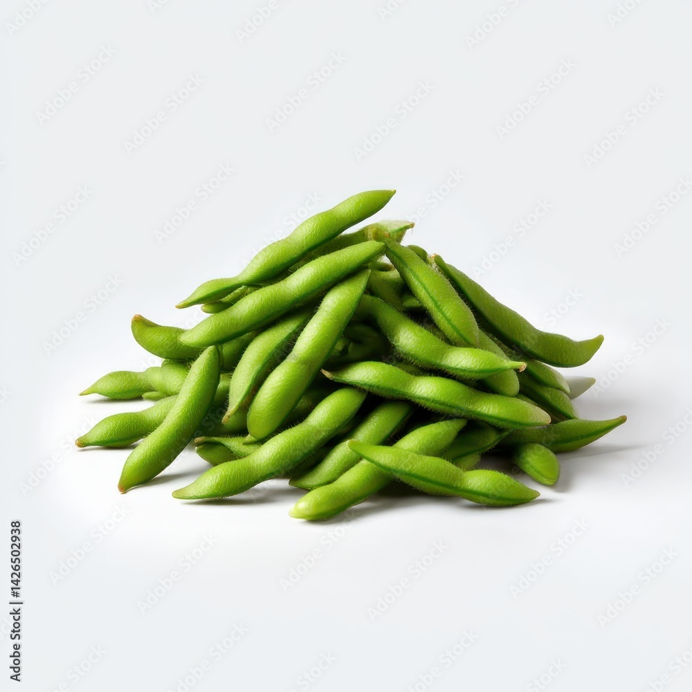 A simple still life of a pile of fresh green edamame pods on light surface A simple still life of a pile of fresh green edamame pods on light surface