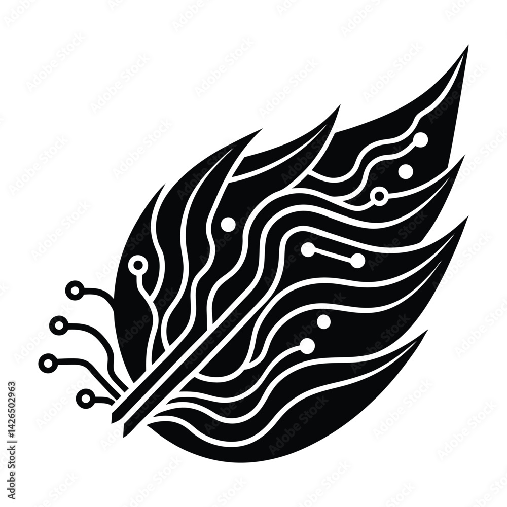 Fototapeta premium Abstract wave made of leaves and circuits on white background