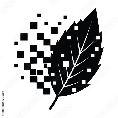 A leaf breaking into digital pixels on white background