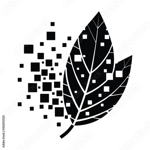 A leaf breaking into digital pixels on white background