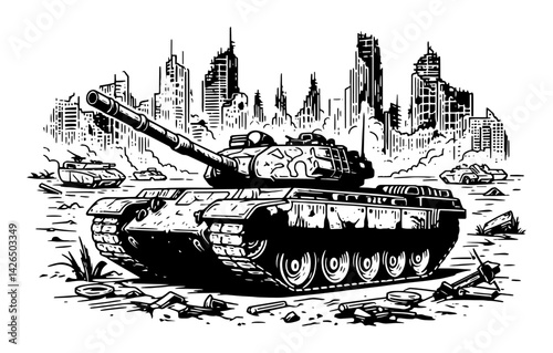 heavy tank in war-torn city ruins sketch vector illustration