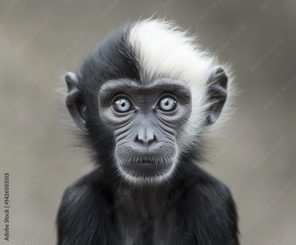 Young monkey, bicolor fur, zoo enclosure, curious gaze, wildlife portrait