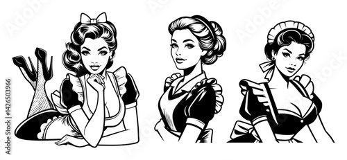 pin-up girls dressed as vintage maids sketch vector illustration