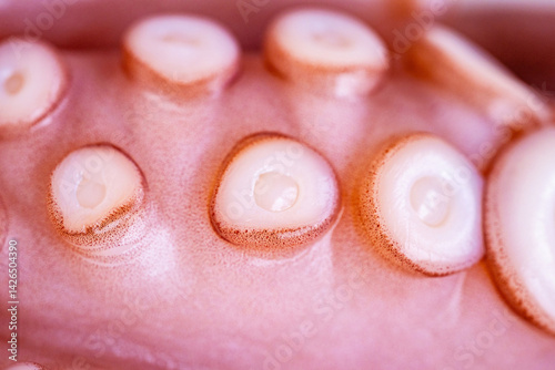 Marine cephalopod, Octopus tentacle macro, slimy surface, raw seafood, close-up texture, marine delicacy, exotic ingredient, suction cups