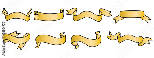 Gold ribbons and badges set. Holiday banner, streamer, scroll, vector elements