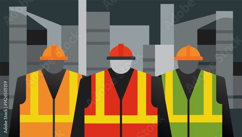 The brightly colored safety vests of the workers provide a striking contrast against the dull grey structures showcasing the human element within the. Vector illustration