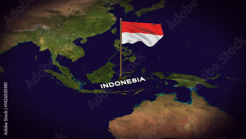 The Flag of Indonesia on the World Map, Indonesia map with flag 3d animation