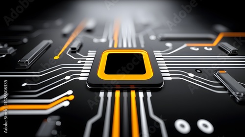 A close-up view of a modern microprocessor surrounded by intricate circuit board patterns, showcasing the beauty of technology and innovation in electronics.