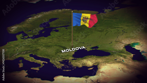 The Flag of Moldova on the World Map, Moldova map with flag 3d animation