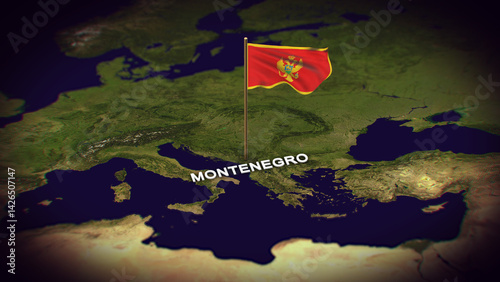 The Flag of Montenegro on the World Map, Montenegro map with flag 3d animation