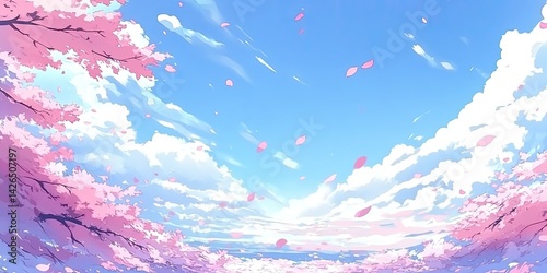 Pink cherry blossoms falling against a bright blue sky, fluffy clouds drift peacefully.  A serene springtime scene