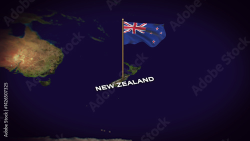 The Flag of New Zealand on the World Map, New Zealand map with flag 3d animation