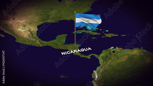 The Flag of Nicaragua on the World Map, Nicaragua map with flag 3d animation