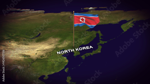The Flag of North Korea on the World Map, North Korea map with flag 3d animation