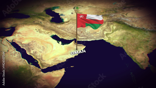 The Flag of Oman on the World Map, Oman map with flag 3d animation