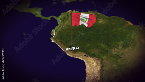 The Flag of Peru on the World Map, Peru map with flag 3d animation