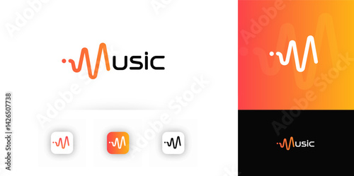 Modern Music Logo Design With Sound Wave And Letter M Concept In Gradient Orange Color. Creative Emblem For App Icons, Branding, Or Audio Services. Vector Illustration