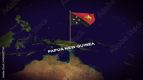 The Flag of Papua New Guinea on the World Map, Papua New Guinea map with flag 3d animation
