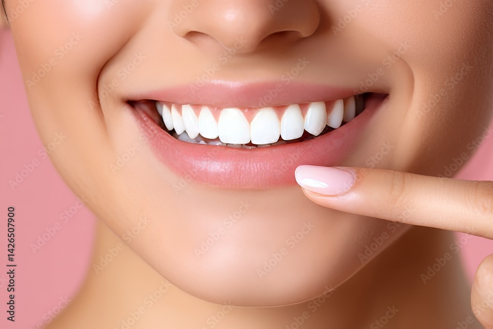 Fototapeta premium A smiling woman, whose identity is unknown, proudly shows off her white teeth