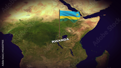 The Flag of Rwanda on the World Map, Rwanda map with flag 3d animation