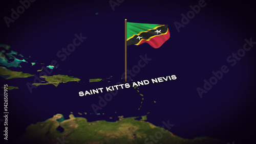 The Flag of Saint Kitts and Nevis on the World Map, Saint Kitts and Nevis map with flag 3d animation