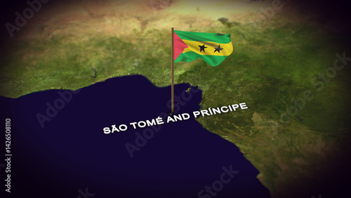 The Flag of Sao Tome and Principe on the World Map, Sao Tome and Principe map with flag 3d animation