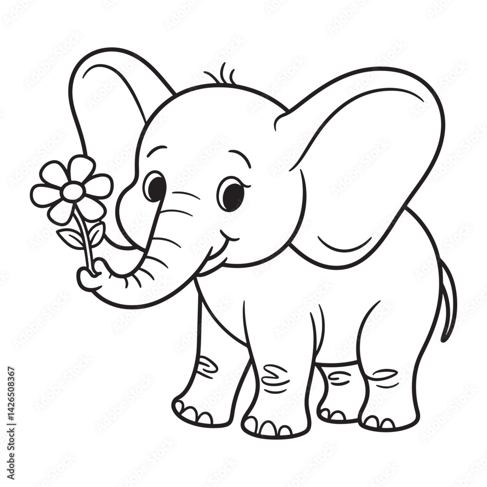 Fototapeta premium Baby Elephant Holding Flower Vector Icon, Cute Animal, Childhood, Nature
