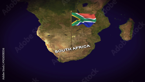 The Flag of South Africa on the World Map, South Africa map with flag 3d animation