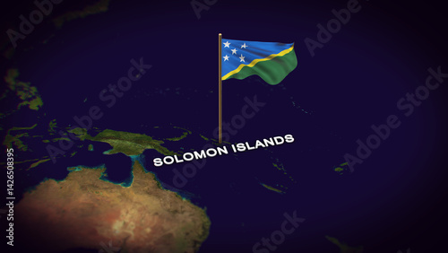 The Flag of Solomon Islands on the World Map, Solomon Islands map with flag 3d animation