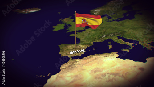 The Flag of Spain on the World Map, Spain map with flag 3d animation