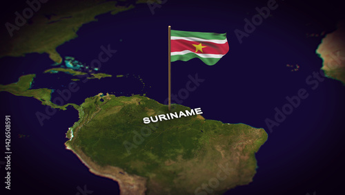 The Flag of Suriname on the World Map, Suriname map with flag 3d animation
