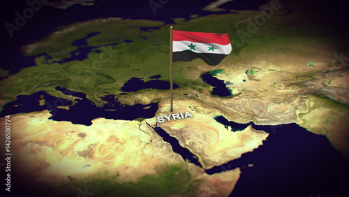 The Flag of Syria on the World Map, Syria map with flag 3d animation