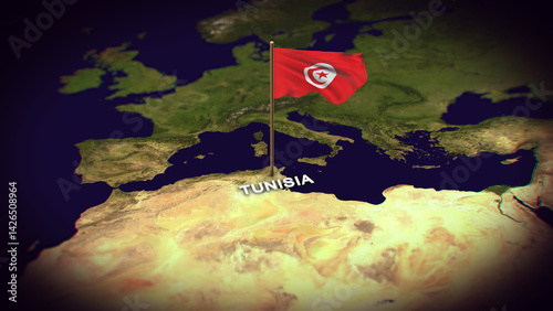 The Flag of Tunisia on the World Map, Tunisia map with flag 3d animation