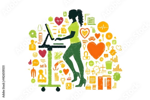 Woman working, healthy lifestyle, tech icons