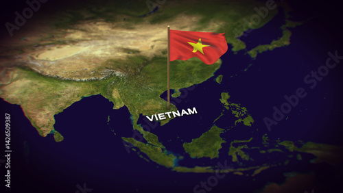 The Flag of Vietnam on the World Map, Vietnam map with flag 3d animation