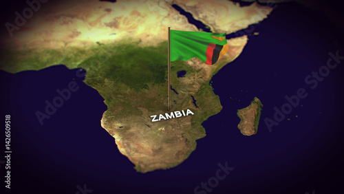 The Flag of Zambia on the World Map, Zambia map with flag 3d animation