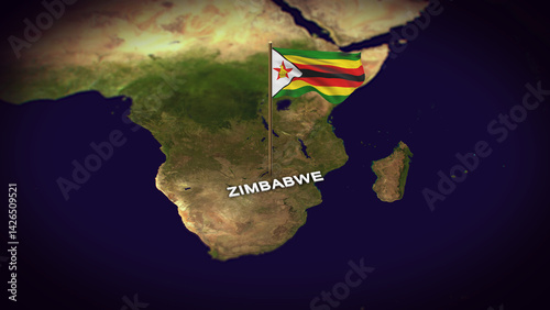 The Flag of Zimbabwe on the World Map, Zimbabwe map with flag 3d animation